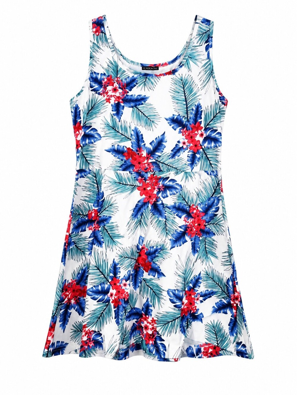 FENSACE Tropical Floral Tank Dress in White, Blue & Red Womens Size 2XL
